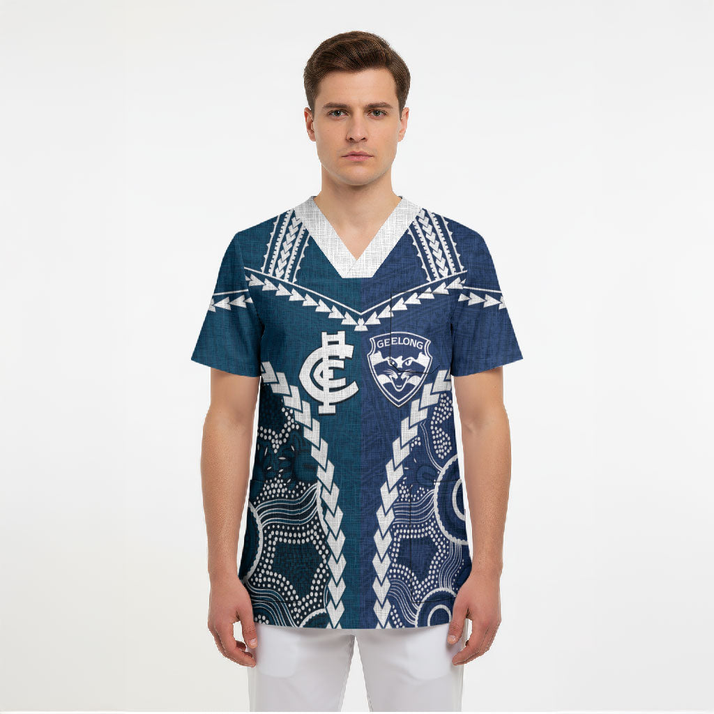 Custom Football Cats and Blues Scrub Top 2026 Together Aboriginal Polynesian Pattern
