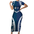 Custom Football Cats and Blues Short Sleeve Bodycon Dress 2026 Together Aboriginal Polynesian Pattern
