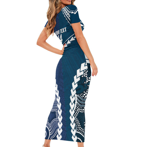 Custom Football Cats and Blues Short Sleeve Bodycon Dress 2026 Together Aboriginal Polynesian Pattern