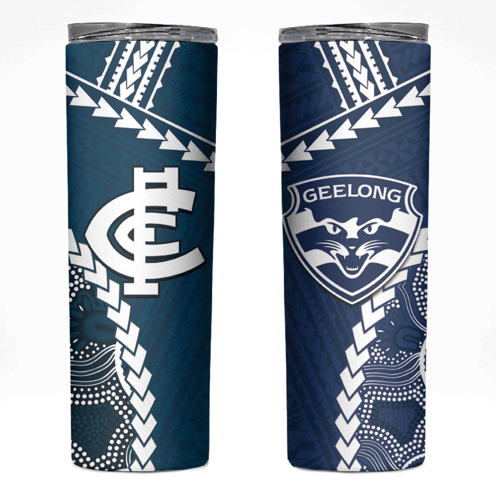 Custom Football Cats and Blues Skinny Tumbler 2026 Together Aboriginal Polynesian Pattern