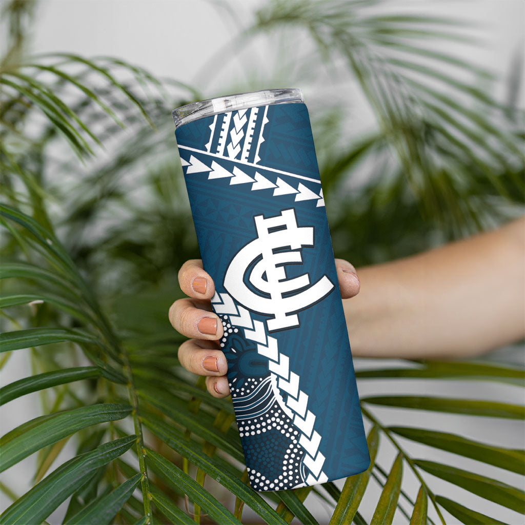 Custom Football Cats and Blues Skinny Tumbler 2026 Together Aboriginal Polynesian Pattern