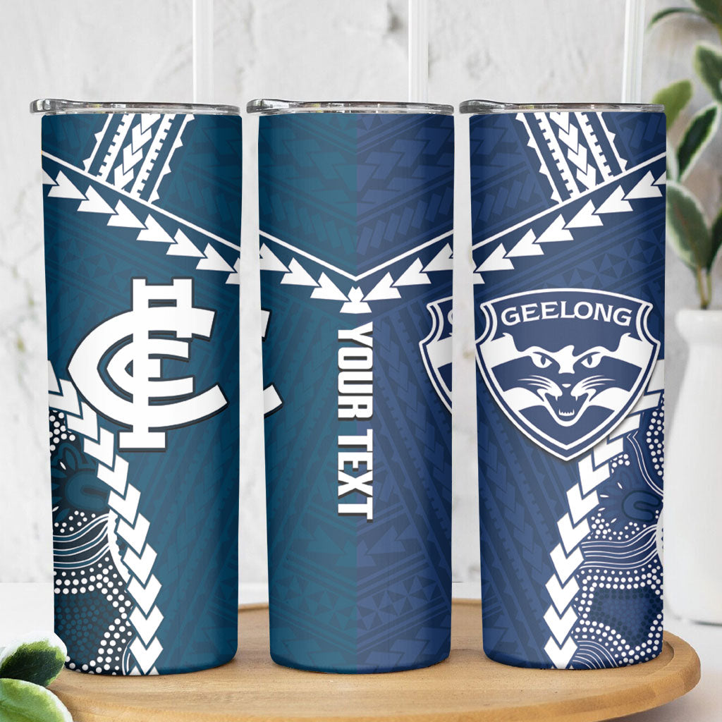 Custom Football Cats and Blues Skinny Tumbler 2026 Together Aboriginal Polynesian Pattern
