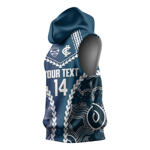 Custom Football Cats and Blues Sleeveless Hoodie 2026 Together Aboriginal Polynesian Pattern