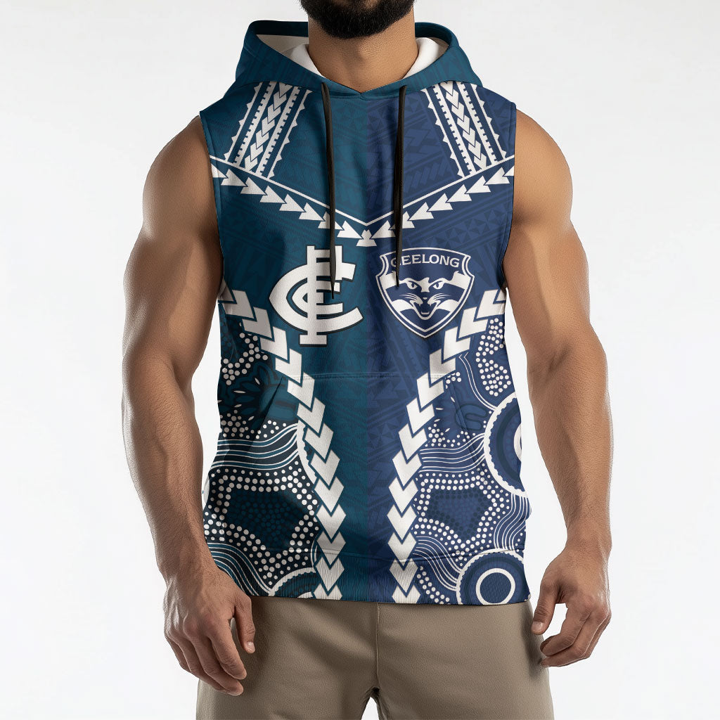 Custom Football Cats and Blues Sleeveless Hoodie 2026 Together Aboriginal Polynesian Pattern