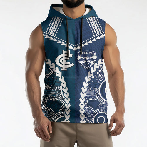 Custom Football Cats and Blues Sleeveless Hoodie 2026 Together Aboriginal Polynesian Pattern