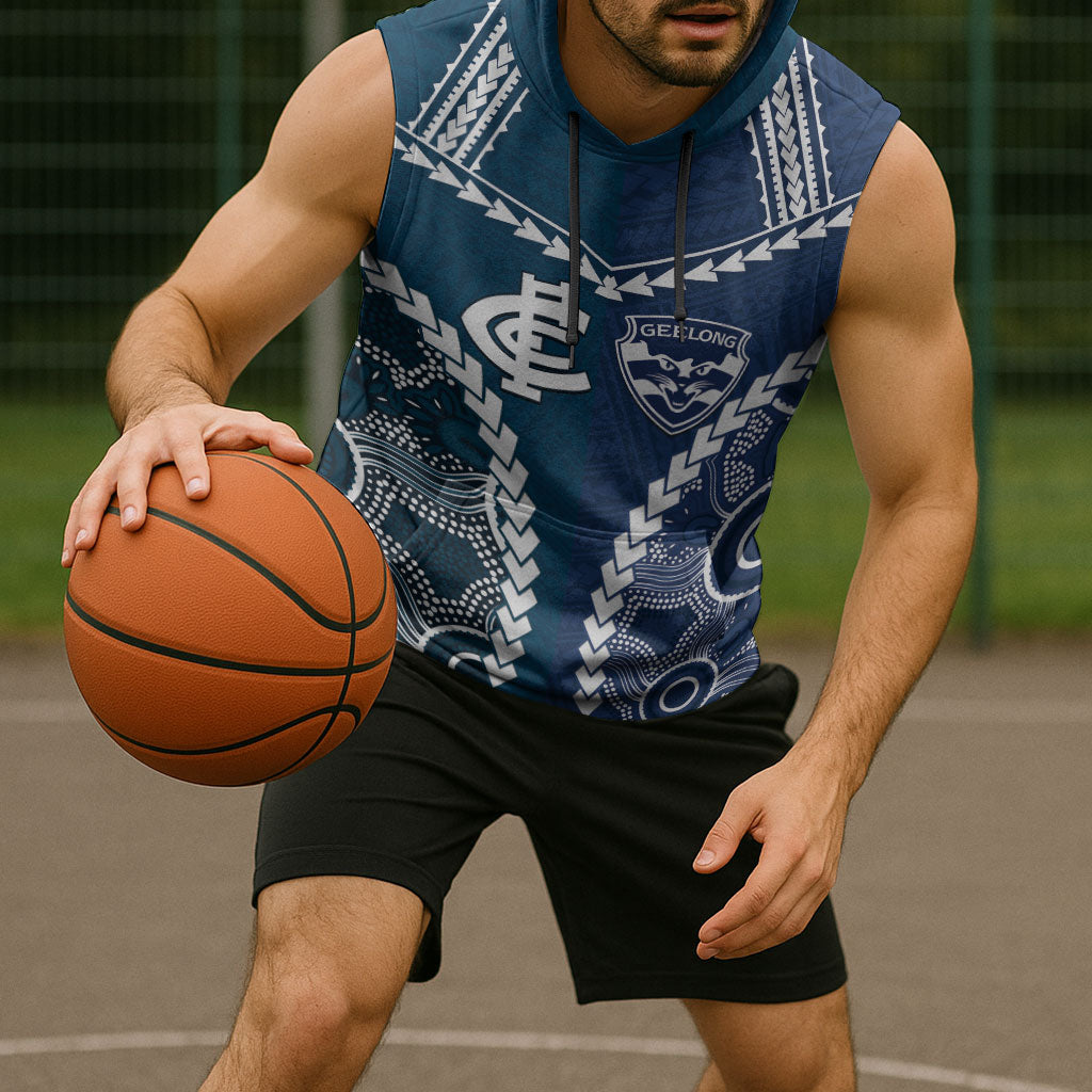 Custom Football Cats and Blues Sleeveless Hoodie 2026 Together Aboriginal Polynesian Pattern