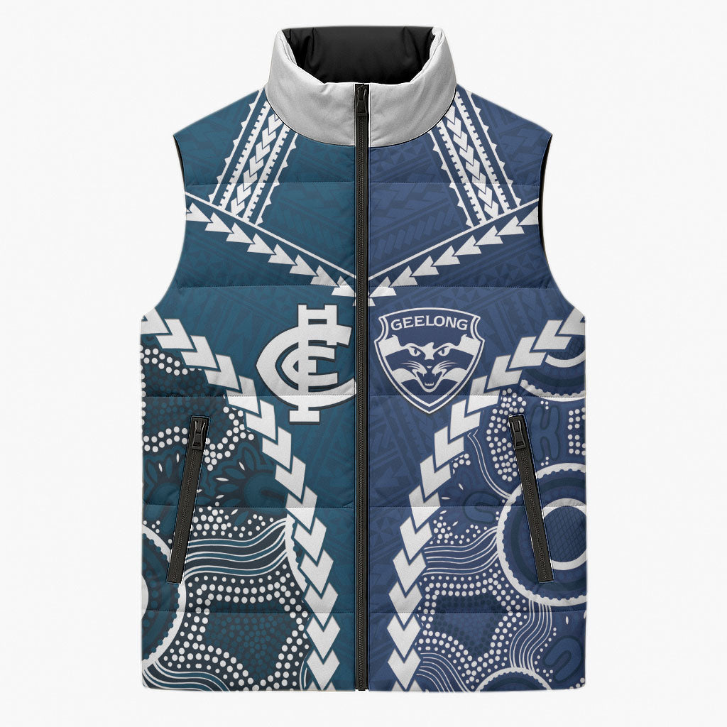 Custom Football Cats and Blues Sleeveless Puffer Jacket 2026 Together Aboriginal Polynesian Pattern