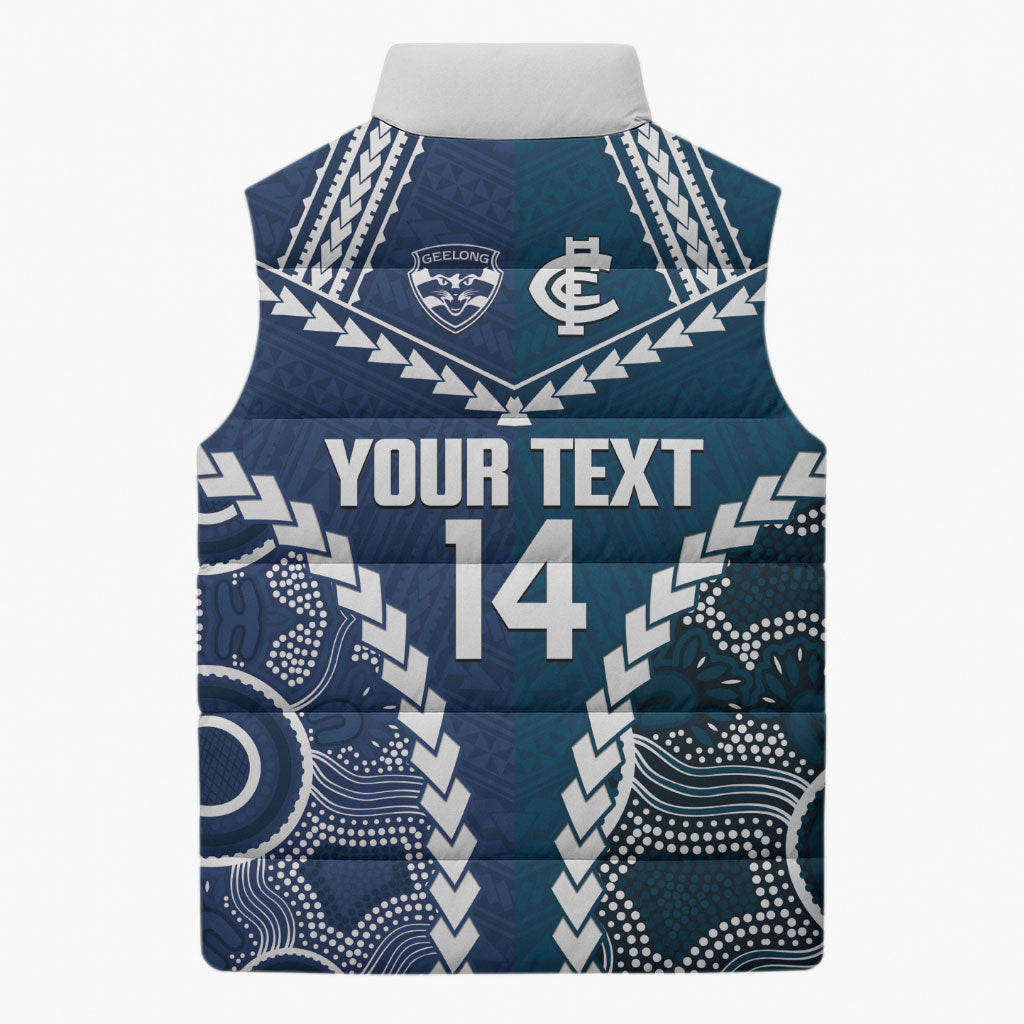 Custom Football Cats and Blues Sleeveless Puffer Jacket 2026 Together Aboriginal Polynesian Pattern