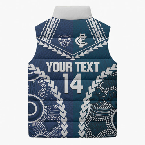 Custom Football Cats and Blues Sleeveless Puffer Jacket 2026 Together Aboriginal Polynesian Pattern