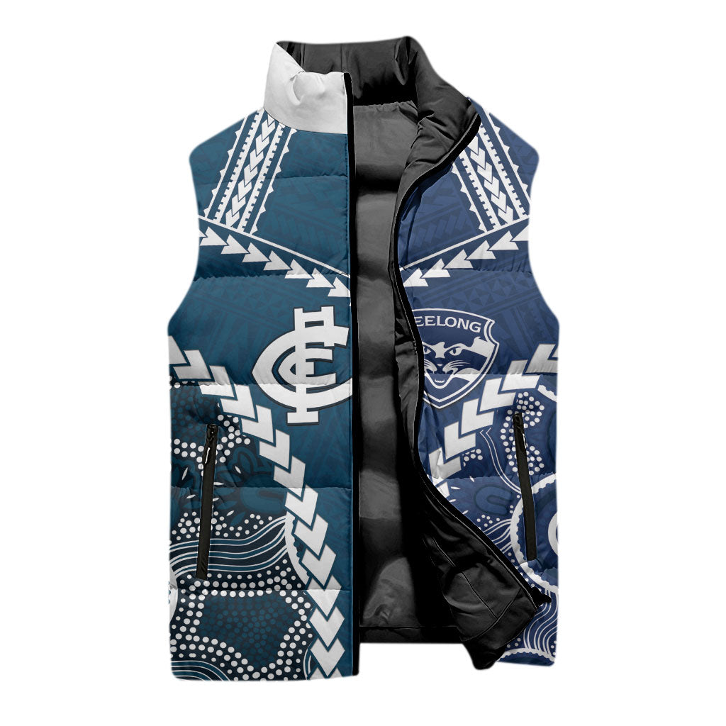 Custom Football Cats and Blues Sleeveless Puffer Jacket 2026 Together Aboriginal Polynesian Pattern