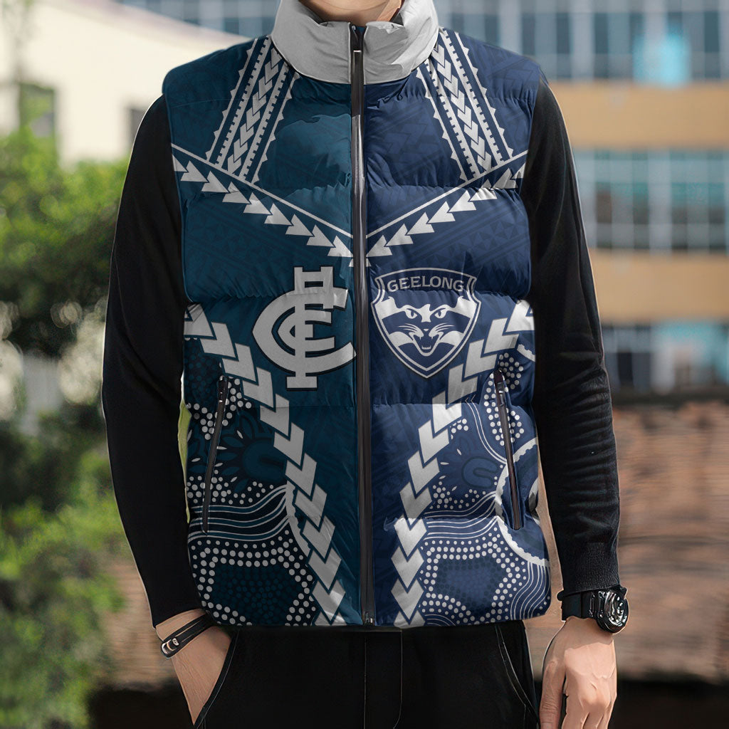 Custom Football Cats and Blues Sleeveless Puffer Jacket 2026 Together Aboriginal Polynesian Pattern