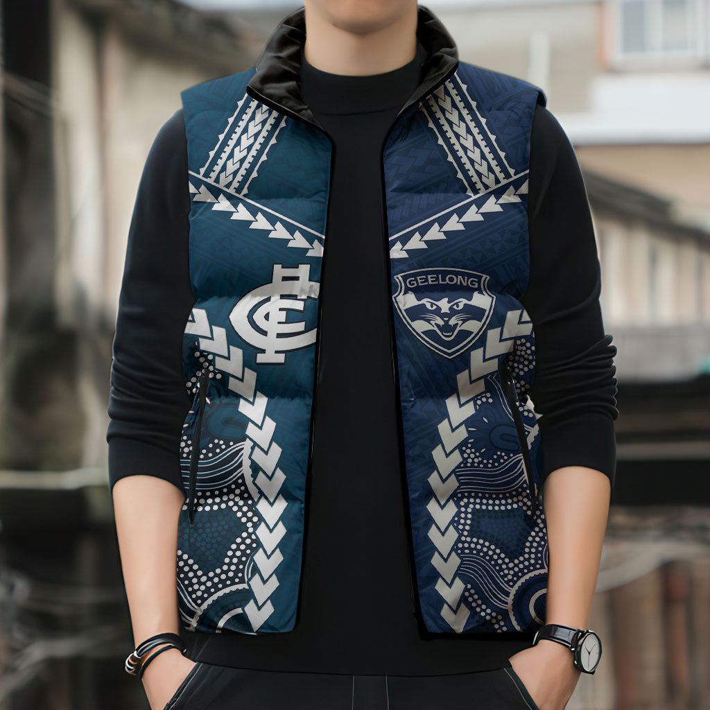 Custom Football Cats and Blues Sleeveless Puffer Jacket 2026 Together Aboriginal Polynesian Pattern