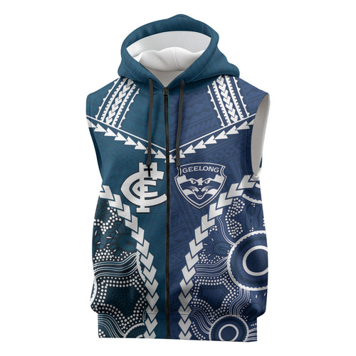 Custom Football Cats and Blues Sleeveless Zip Hoodie 2026 Together Aboriginal Polynesian Pattern