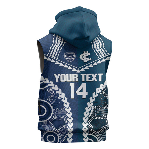 Custom Football Cats and Blues Sleeveless Zip Hoodie 2026 Together Aboriginal Polynesian Pattern