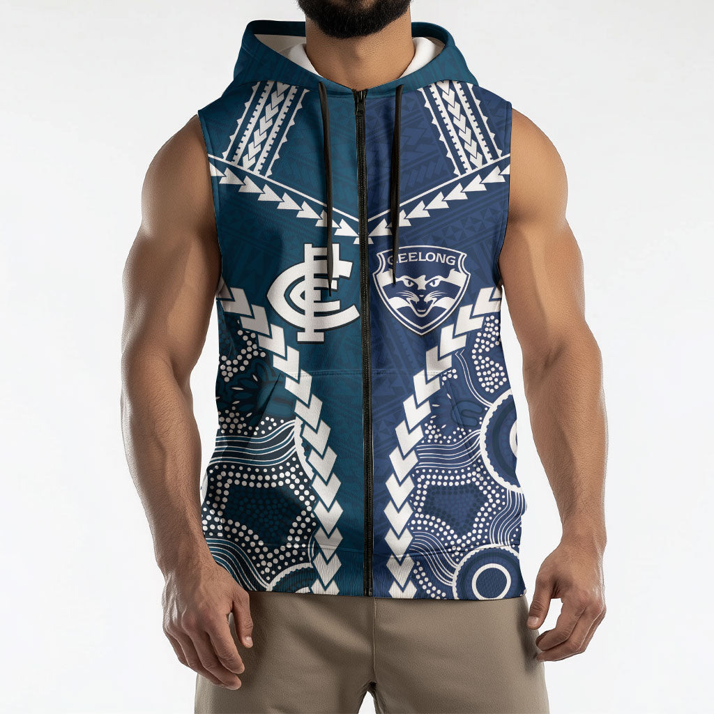Custom Football Cats and Blues Sleeveless Zip Hoodie 2026 Together Aboriginal Polynesian Pattern