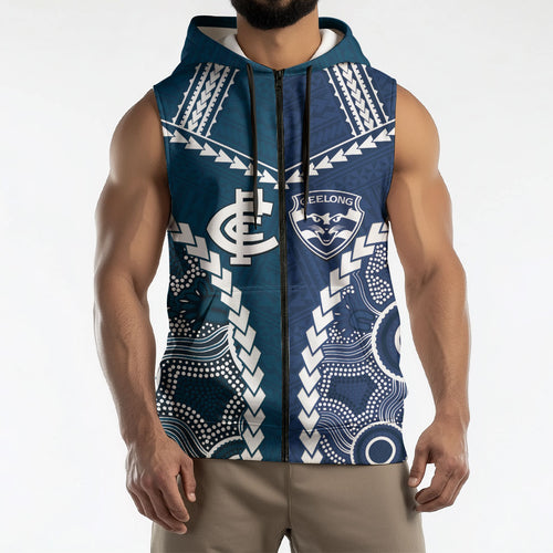 Custom Football Cats and Blues Sleeveless Zip Hoodie 2026 Together Aboriginal Polynesian Pattern