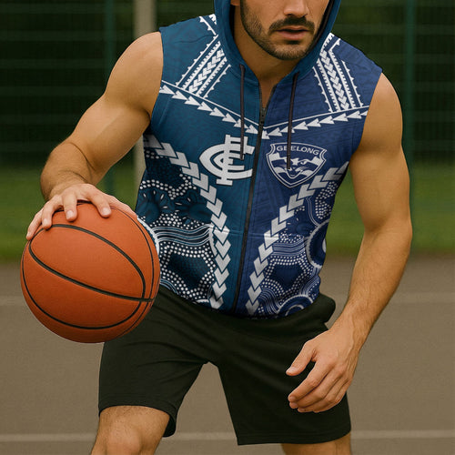 Custom Football Cats and Blues Sleeveless Zip Hoodie 2026 Together Aboriginal Polynesian Pattern