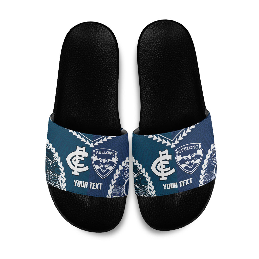 Custom Football Cats and Blues Slide Sandals 2026 Together Aboriginal Polynesian Pattern