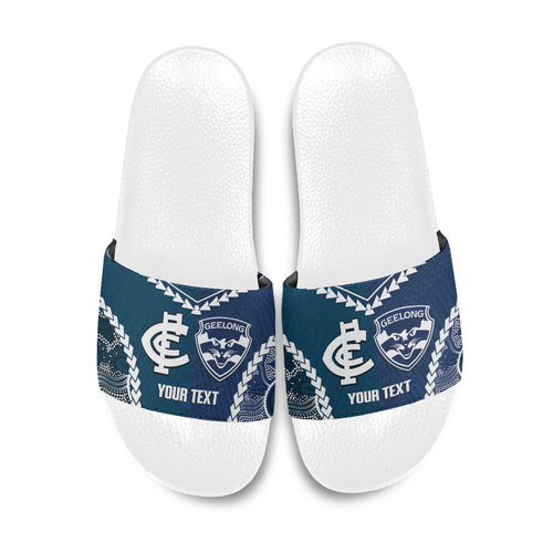 Custom Football Cats and Blues Slide Sandals 2026 Together Aboriginal Polynesian Pattern