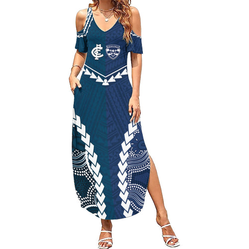 Custom Football Cats and Blues Summer Maxi Dress 2026 Together Aboriginal Polynesian Pattern