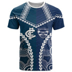 Custom Football Cats and Blues T Shirt 2026 Together Aboriginal Polynesian Pattern