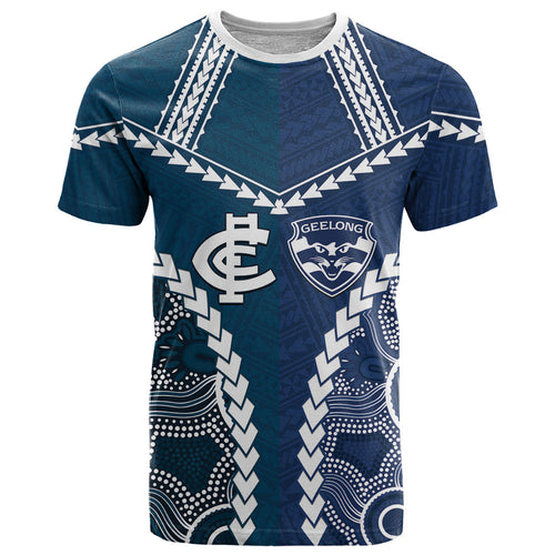 Custom Football Cats and Blues T Shirt 2026 Together Aboriginal Polynesian Pattern