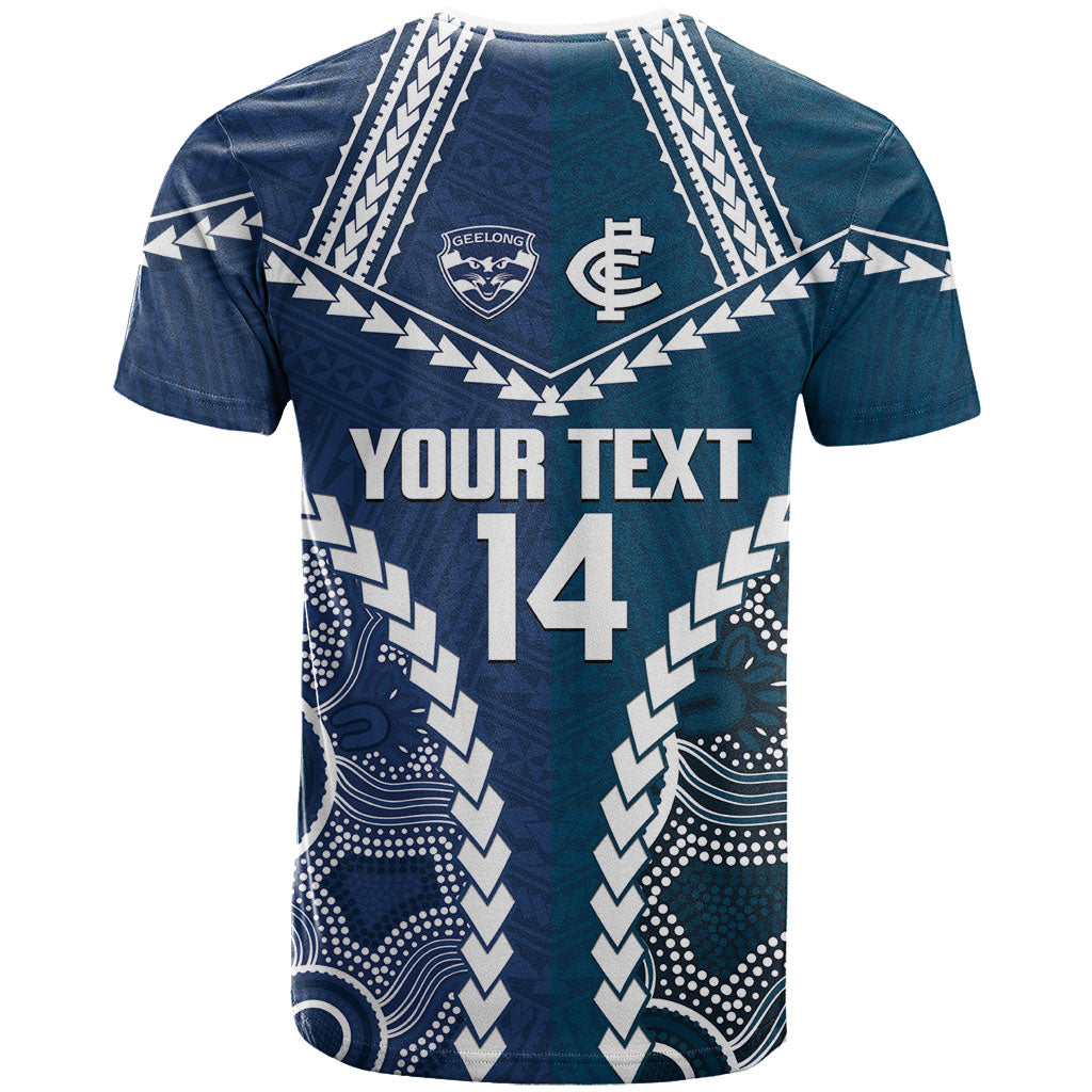 Custom Football Cats and Blues T Shirt 2026 Together Aboriginal Polynesian Pattern