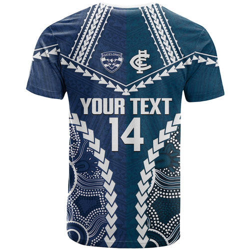 Custom Football Cats and Blues T Shirt 2026 Together Aboriginal Polynesian Pattern