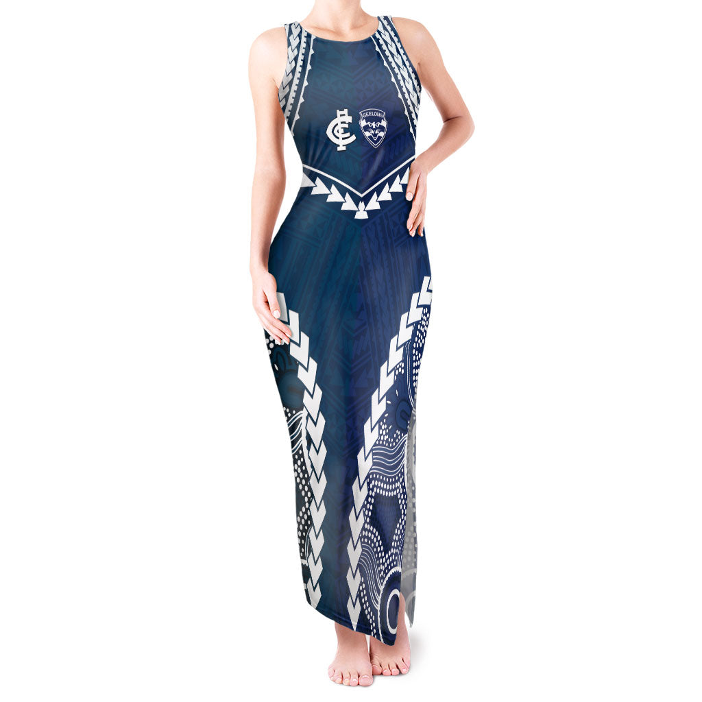 Custom Football Cats and Blues Tank Maxi Dress 2026 Together Aboriginal Polynesian Pattern