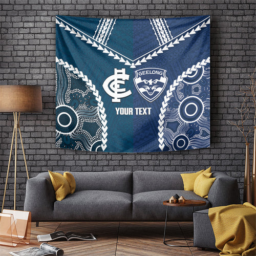 Custom Football Cats and Blues Tapestry 2026 Together Aboriginal Polynesian Pattern