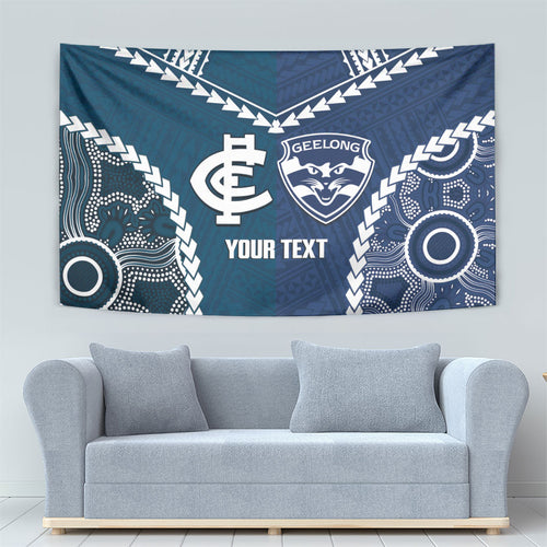 Custom Football Cats and Blues Tapestry 2026 Together Aboriginal Polynesian Pattern