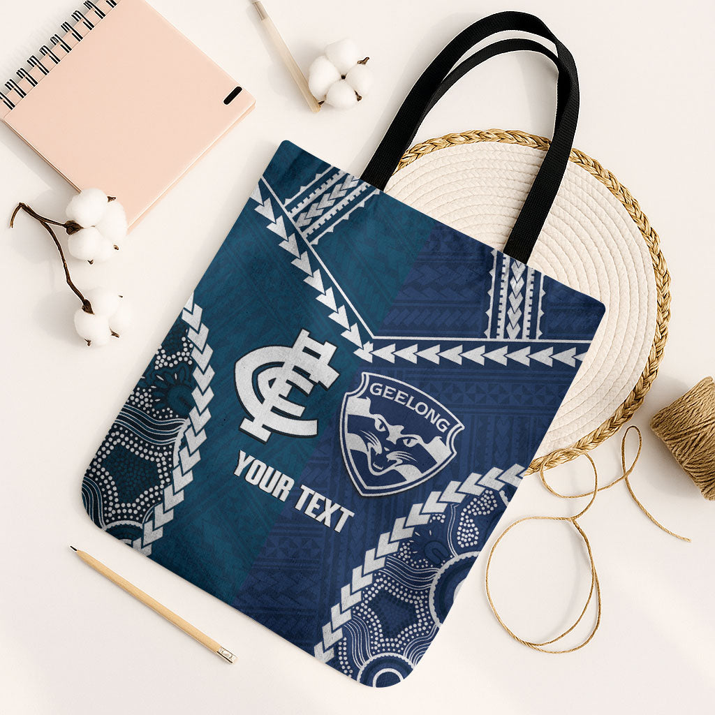 Custom Football Cats and Blues Tote Bag 2026 Together Aboriginal Polynesian Pattern