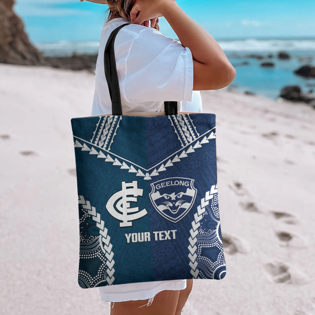 Custom Football Cats and Blues Tote Bag 2026 Together Aboriginal Polynesian Pattern