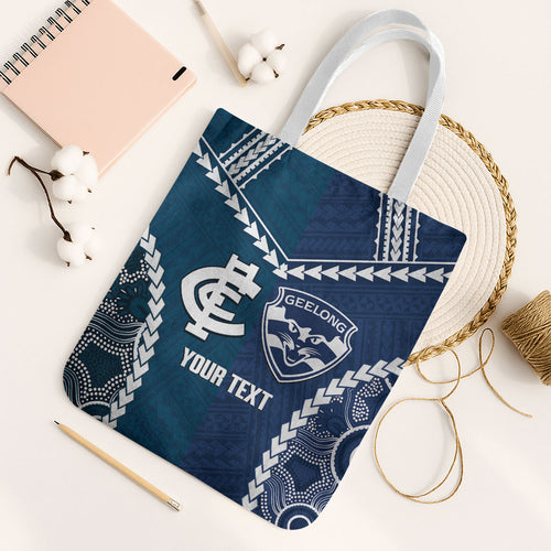 Custom Football Cats and Blues Tote Bag 2026 Together Aboriginal Polynesian Pattern