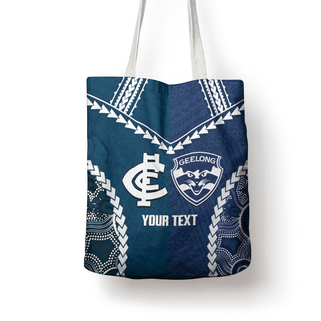 Custom Football Cats and Blues Tote Bag 2026 Together Aboriginal Polynesian Pattern