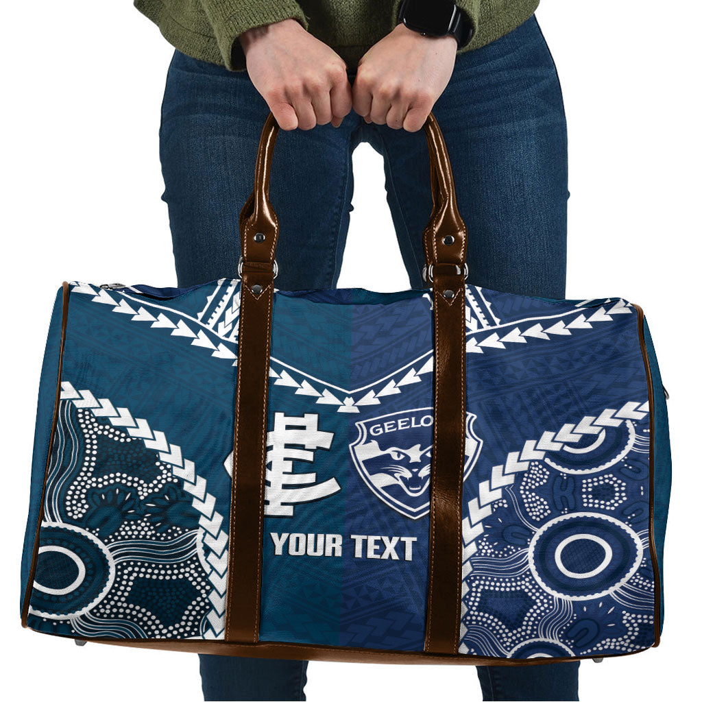 Custom Football Cats and Blues Travel Bag 2026 Together Aboriginal Polynesian Pattern