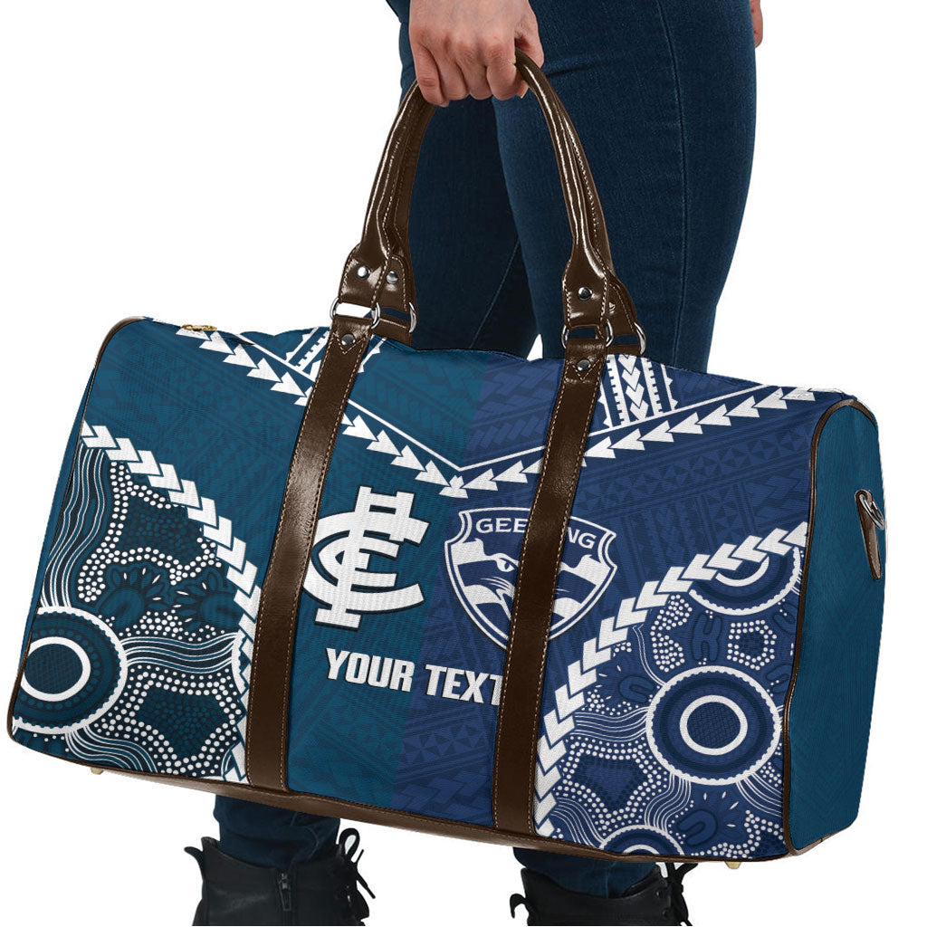 Custom Football Cats and Blues Travel Bag 2026 Together Aboriginal Polynesian Pattern