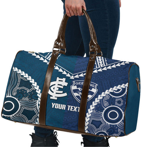 Custom Football Cats and Blues Travel Bag 2026 Together Aboriginal Polynesian Pattern