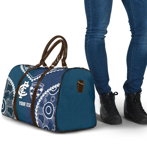 Custom Football Cats and Blues Travel Bag 2026 Together Aboriginal Polynesian Pattern