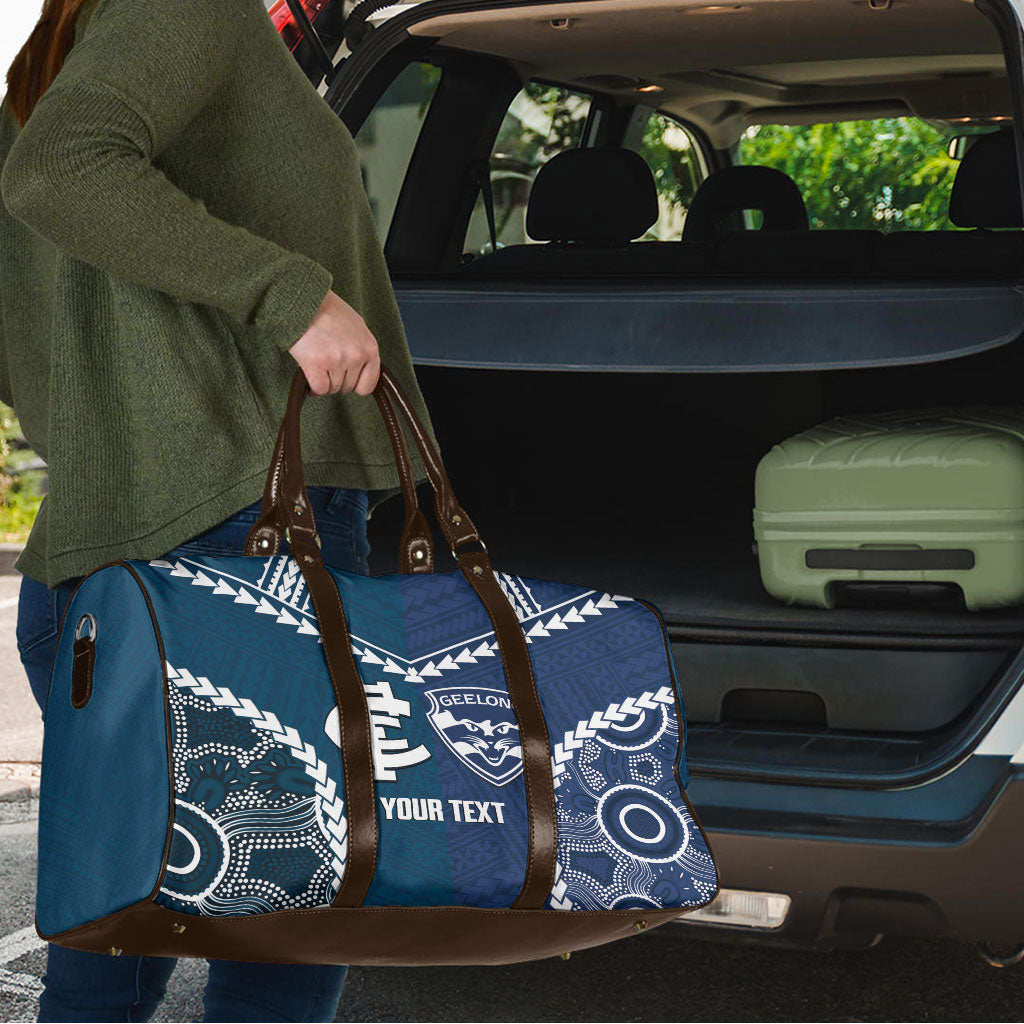 Custom Football Cats and Blues Travel Bag 2026 Together Aboriginal Polynesian Pattern