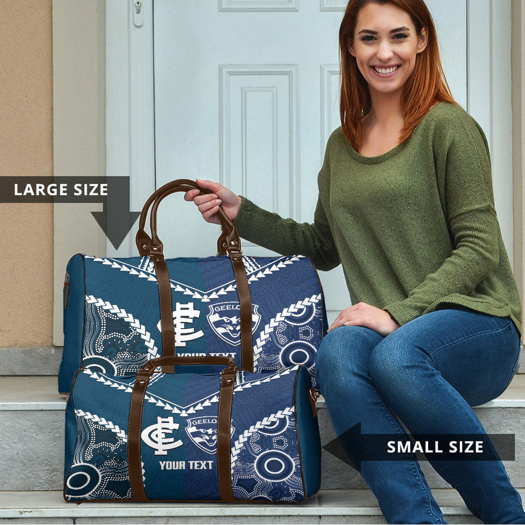 Custom Football Cats and Blues Travel Bag 2026 Together Aboriginal Polynesian Pattern