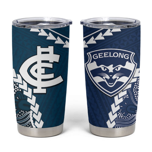 Custom Football Cats and Blues Tumbler Cup 2026 Together Aboriginal Polynesian Pattern