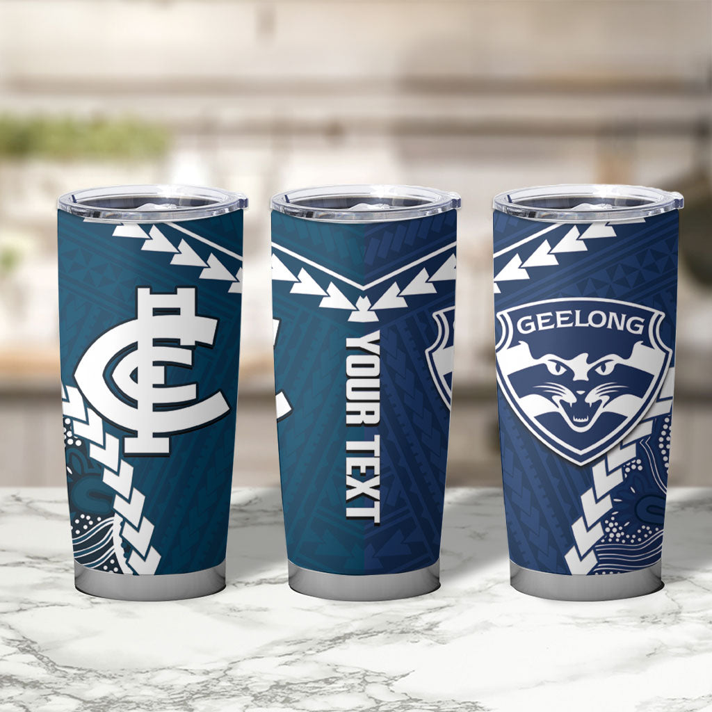 Custom Football Cats and Blues Tumbler Cup 2026 Together Aboriginal Polynesian Pattern