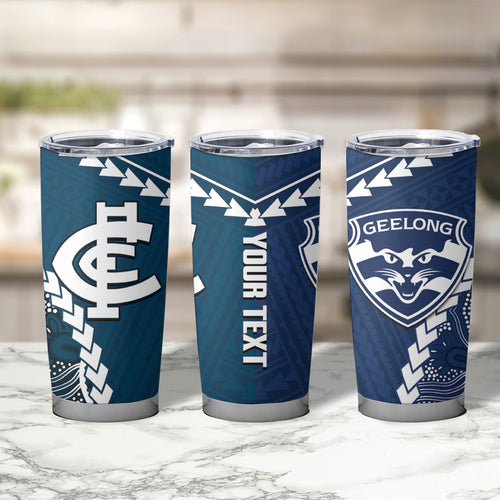 Custom Football Cats and Blues Tumbler Cup 2026 Together Aboriginal Polynesian Pattern