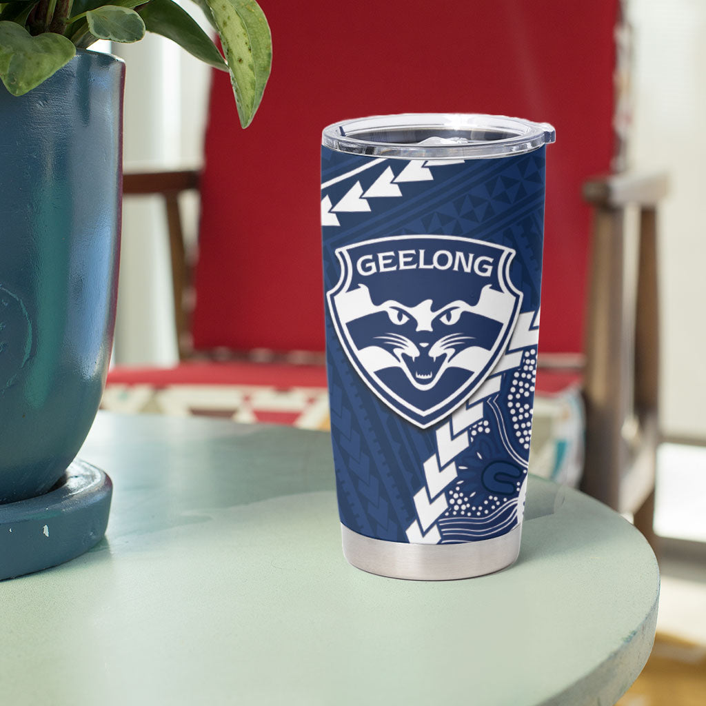 Custom Football Cats and Blues Tumbler Cup 2026 Together Aboriginal Polynesian Pattern