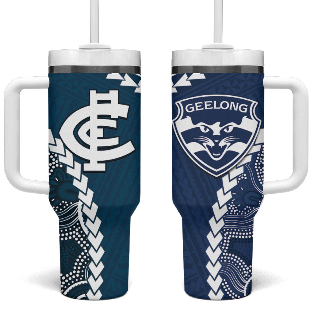 Custom Football Cats and Blues Tumbler With Handle 2026 Together Aboriginal Polynesian Pattern