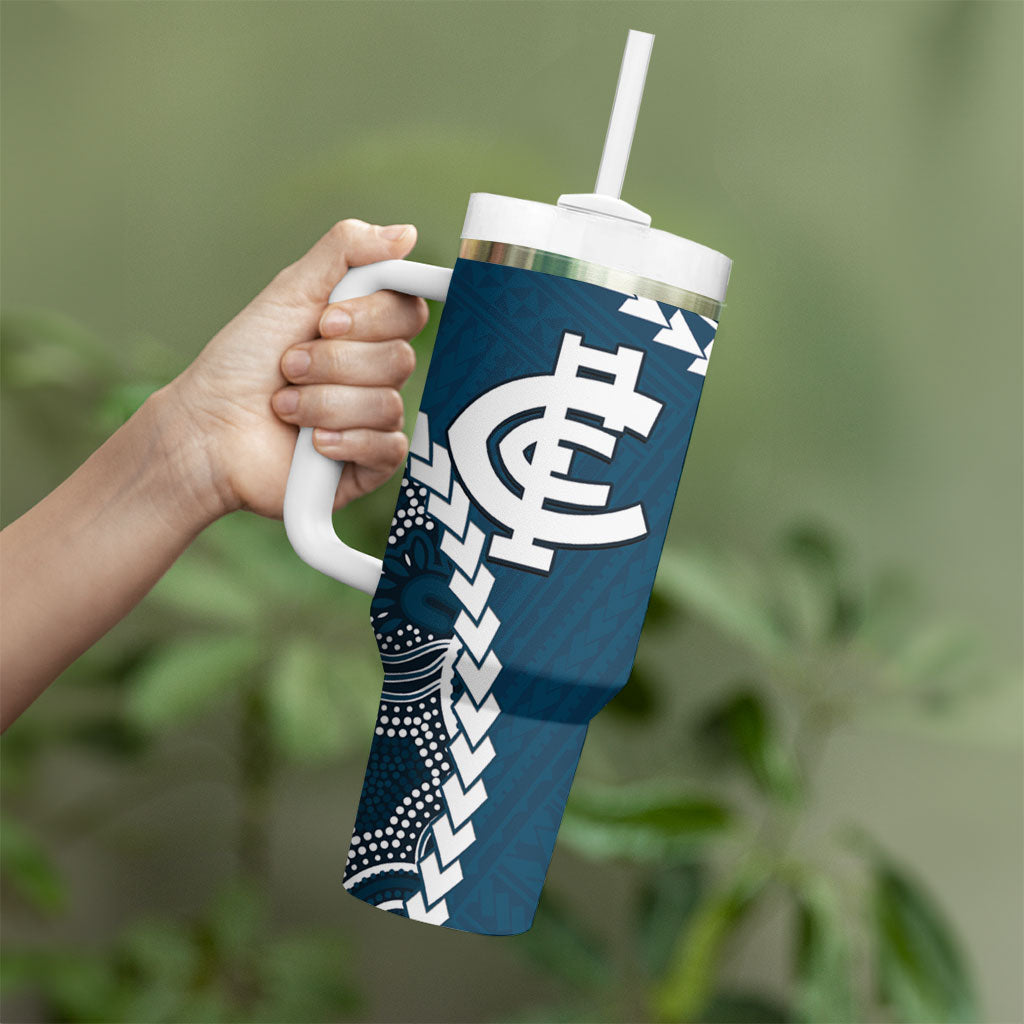 Custom Football Cats and Blues Tumbler With Handle 2026 Together Aboriginal Polynesian Pattern