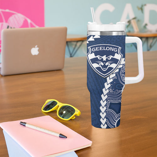 Custom Football Cats and Blues Tumbler With Handle 2026 Together Aboriginal Polynesian Pattern