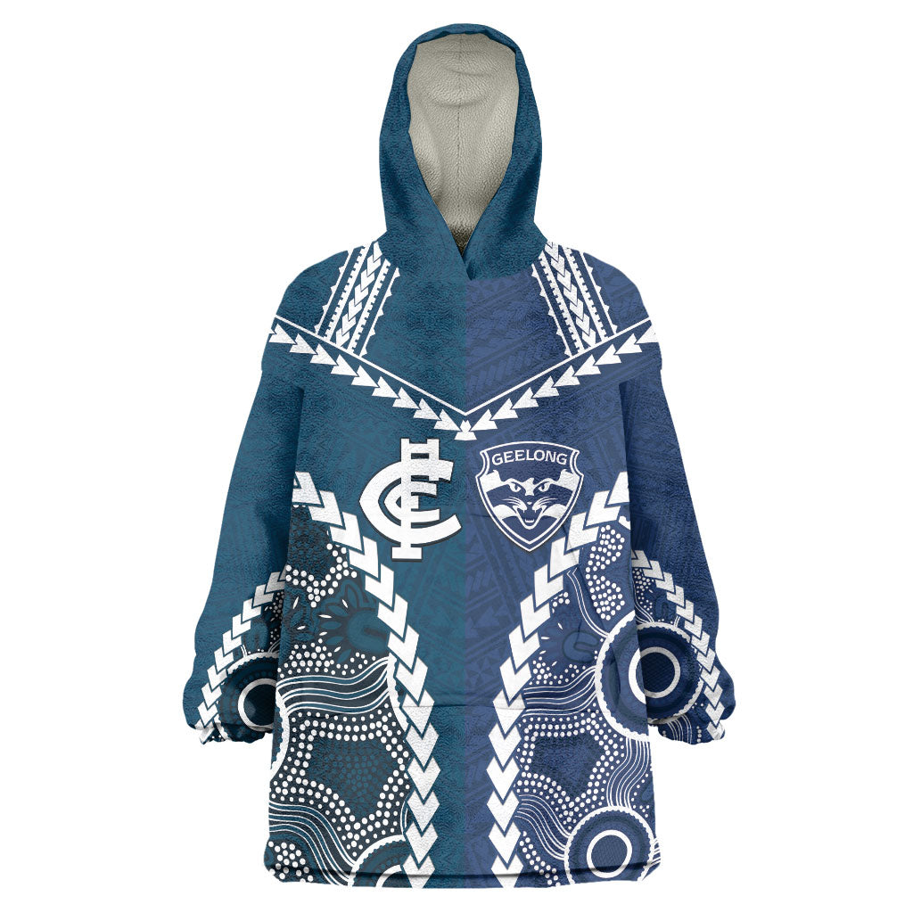 Custom Football Cats and Blues Wearable Blanket Hoodie 2026 Together Aboriginal Polynesian Pattern
