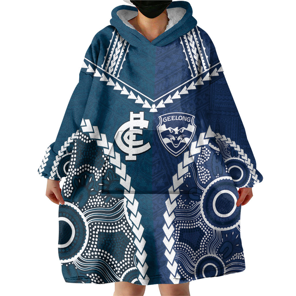 Custom Football Cats and Blues Wearable Blanket Hoodie 2026 Together Aboriginal Polynesian Pattern